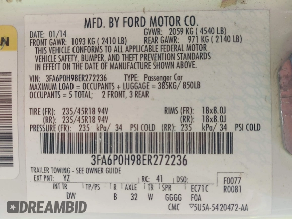 2014 Ford Fusion SE with VIN 3FA6P0H98ER272236, listed as a IAAI auction lot 41624642 with 201,930 mi miles. Bid and sale history available at carsss.com. Image 9.