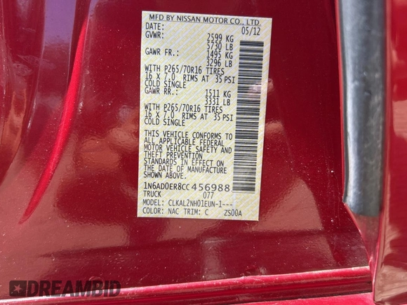 2012 Nissan Frontier SV with VIN 1N6AD0ER8CC456988, listed as a Copart auction lot 66021335 with 151,605 mi miles and Clean title. Bid and sale history available at DreamBid. Image 10.