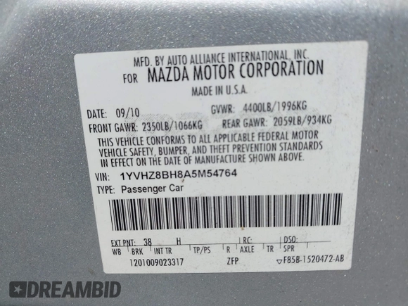 2010 Mazda 6 i Sport with VIN 1YVHZ8BH8A5M54764, listed as a IAAI auction lot 42679863 with 189,869 mi miles and . Bid and sale history available at DreamBid. Image 9.