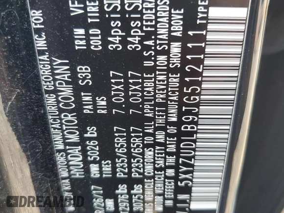 2018 Hyundai Santa Fe 2.4L with VIN 5XYZUDLB9JG512111, listed as a Copart auction lot 63132875 with 58,705 mi miles and Salvage title. Bid and sale history available at DreamBid. Image 14.