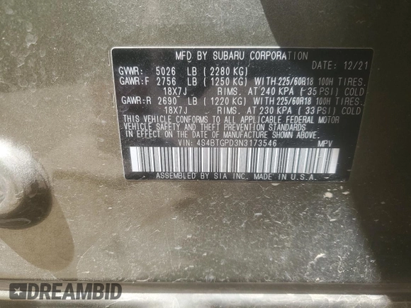 2022 Subaru Outback Touring XT with VIN 4S4BTGPD3N3173546, listed as a Copart auction lot 61101425 with 41,767 mi miles and Clean title. Bid and sale history available at DreamBid. Image 14.