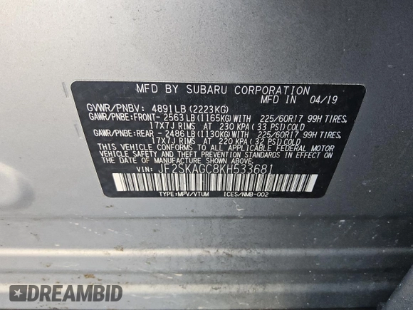 2019 Subaru Forester Premium with VIN JF2SKAGC8KH533681, listed as a Copart auction lot 49420615 with 108,574 mi miles and Clean Title. Bid and sale history available at carsss.com. Image 13.
