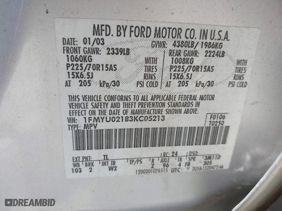 2003 Ford Escape XLS Popular with VIN 1FMYU02183KC05213, listed as a IAAI auction lot 41955134 with 305,524 mi miles. Bid and sale history available at carsss.com. Image 9.