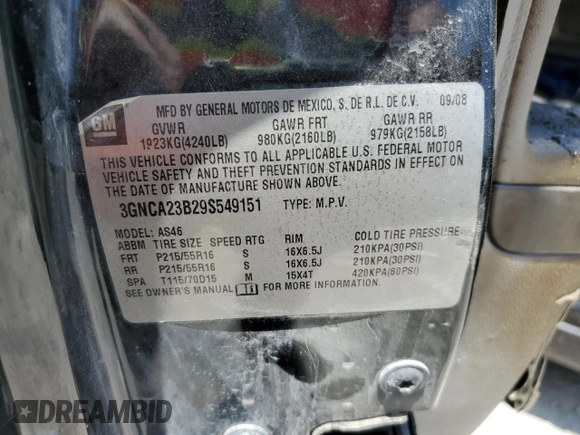 2009 Chevrolet HHR 1LT z VIN 3GNCA23B29S549151, wystawiony jako Copart lot #61836635 z przebiegiem Nie podano mil oraz Szkoda całkowita • Salvage title. Historia ofert i sprzedaży dostępna na DreamBid. Obrazek 13.