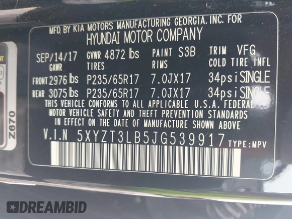 2018 Hyundai Santa Fe 2.4L with VIN 5XYZT3LB5JG539917, listed as a IAAI auction lot 41975300 with 214,562 mi miles and . Bid and sale history available at DreamBid. Image 9.