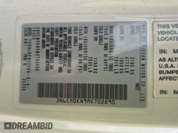 2021 Nissan NV200 S with VIN 3N6CM0KN9MK702890, listed as a IAAI auction lot 42841735 with 94,876 mi miles and . Bid and sale history available at DreamBid. Image 29.