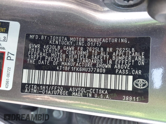 2017 Toyota Camry XLE with VIN 4T1BF1FK6HU377809, listed as a IAAI auction lot 41759609 with 210,509 mi miles and . Bid and sale history available at DreamBid. Image 9.