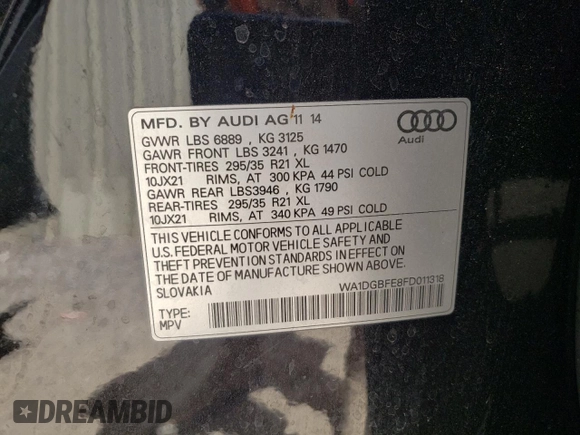 2015 Audi Q7 3.0T S line Prestige with VIN WA1DGBFE8FD011318, listed as a Copart auction lot 49295184 with 0 mi miles. Bid and sale history available at carsss.com. Image 14.