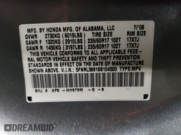 2008 Honda Odyssey Touring z VIN 5FNRL38918B104500, wystawiony jako Copart lot #47816145 z przebiegiem 262 179 mil mil oraz Szkoda całkowita • Salvage title. Historia ofert i sprzedaży dostępna na DreamBid. Obrazek 13.
