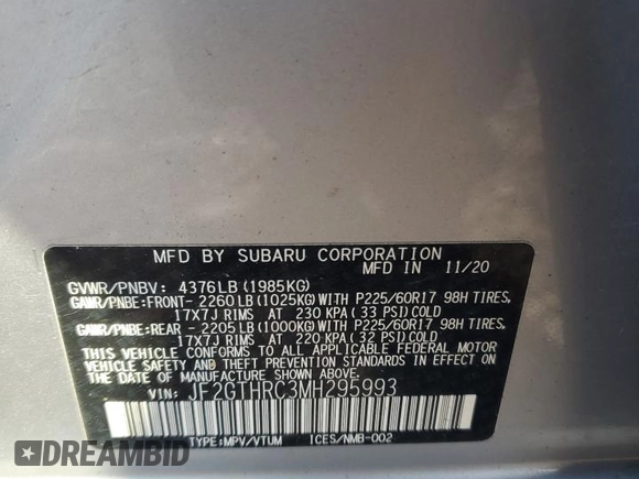2021 Subaru Crosstrek Special Sports with VIN JF2GTHRC3MH295993, listed as a Copart auction lot 62848505 with 62,296 mi miles and Salvage title. Bid and sale history available at DreamBid. Image 12.