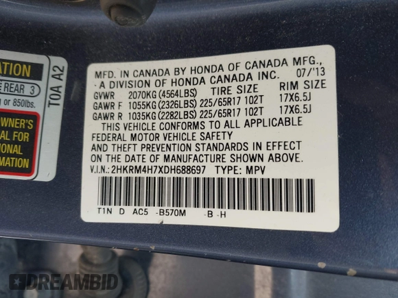 2013 Honda CR-V EX-L with VIN 2HKRM4H7XDH688697, listed as a IAAI auction lot 42106084 with 159,797 mi miles. Bid and sale history available at carsss.com. Image 9.