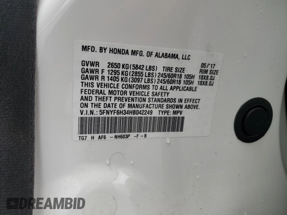 2017 Honda Pilot EX with VIN 5FNYF6H34HB042249, listed as a Copart auction lot 49176455 with 127,698 mi miles and Salvage Title. Bid and sale history available at DreamBid. Image 15.