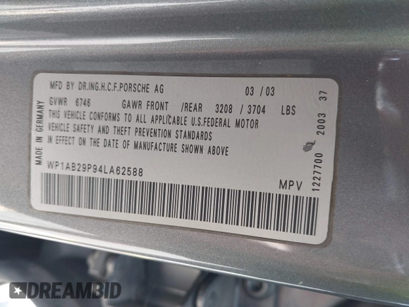 2004 Porsche Cayenne S with VIN WP1AB29P94LA62588, listed as a IAAI auction lot 42766433 with 177,871 mi miles and . Bid and sale history available at DreamBid. Image 9.