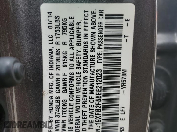 2014 Honda Civic Sedan LX with VIN 19XFB2F55EE212023, listed as a Copart auction lot 53377765 with 116,995 mi miles and Salvage Title. Bid and sale history available at carsss.com. Image 13.