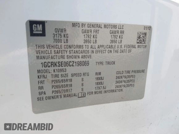 2012 Chevrolet Silverado 1500 LT with VIN 1GCRKSE06CZ198069, listed as a IAAI auction lot 41831860 with 125,511 mi miles and . Bid and sale history available at DreamBid. Image 9.