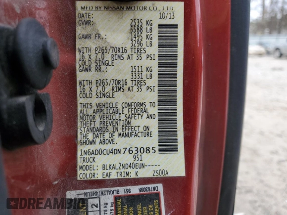 2013 Nissan Frontier SV with VIN 1N6AD0CU4DN763085, listed as a Copart auction lot 49471075 with 146,349 mi miles and Salvage title. Bid and sale history available at DreamBid. Image 12.