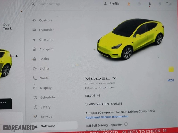 2020 Tesla Model Y Long Range with VIN 5YJYGDEE7LF006314, listed as a IAAI auction lot 41488196 with 50,095 mi miles. Bid and sale history available at carsss.com. Image 7.
