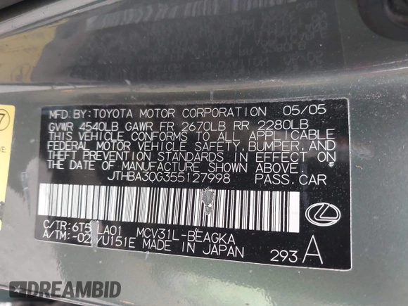 2005 Lexus ES 350 with VIN JTHBA30G355127998, listed as a IAAI auction lot 42118756 with 182,251 mi miles and . Bid and sale history available at DreamBid. Image 9.