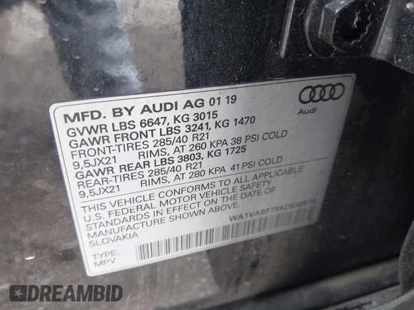 2019 Audi Q7 Prestige with VIN WA1VABF75KD030619, listed as a IAAI auction lot 41865422 with 66,151 mi miles and . Bid and sale history available at DreamBid. Image 9.