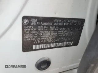 2012 BMW 7 Series 750Li with VIN WBAKB8C54CC963458, listed as a Copart auction lot 54381375 with Not Provided miles and Clean Title. Bid and sale history available at carsss.com. Image 12.