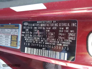2019 Kia Sorento LX V6 with VIN 5XYPG4A53KG559373, listed as a IAAI auction lot 41238816 with 61,685 mi miles. Bid and sale history available at carsss.com. Image 9.