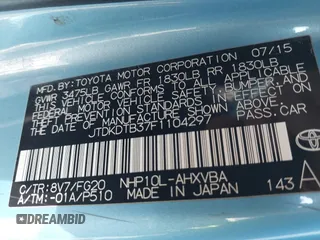 2015 Toyota Prius One with VIN JTDKDTB37F1104297, listed as a IAAI auction lot 41824438 with 117,562 mi miles and . Bid and sale history available at carsss.com. Image 9.