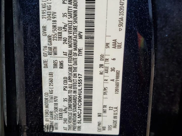 2017 Lincoln MKC Premiere with VIN 5LMCJ1C90HUL15517, listed as a Copart auction lot 59150264 with 71,562 mi miles and Salvage Title. Bid and sale history available at DreamBid. Image 13.