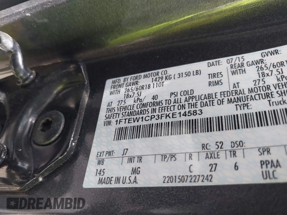 2015 Ford F-150 XL with VIN 1FTEW1CP3FKE14583, listed as a IAAI auction lot 42237940 with 131,667 mi miles and . Bid and sale history available at DreamBid. Image 9.