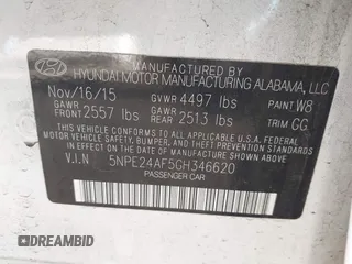 2016 Hyundai Sonata SE with VIN 5NPE24AF5GH346620, listed as a IAAI auction lot 41857993 with 90,617 mi miles and . Bid and sale history available at DreamBid. Image 9.