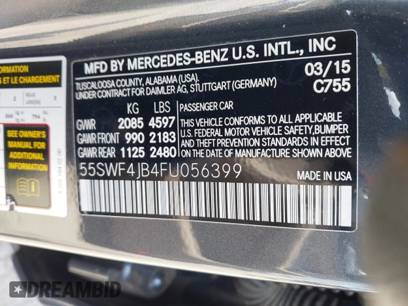 2015 Mercedes-Benz C-Class C 300 with VIN 55SWF4JB4FU056399, listed as a IAAI auction lot 41917600 with 74,398 mi miles. Bid and sale history available at carsss.com. Image 9.