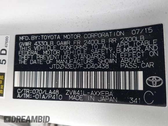 2015 Toyota Prius Two with VIN JTDZN3EU7FJ040438, listed as a IAAI auction lot 41641753 with 57,727 mi miles and . Bid and sale history available at DreamBid. Image 9.