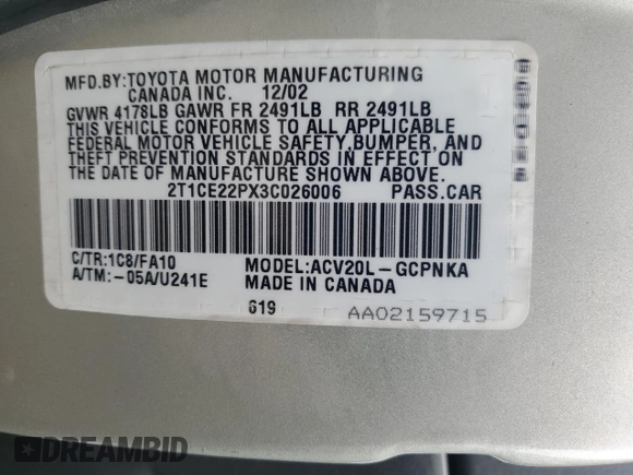 2003 Toyota Solara SE with VIN 2T1CE22PX3C026006, listed as a Copart auction lot 56100085 with 181,244 mi miles and Salvage title. Bid and sale history available at DreamBid. Image 13.