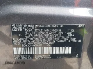 2010 Toyota RAV4 Sport with VIN 2T3WK4DV8AW006823, listed as a IAAI auction lot 41565615 with 187,540 mi miles. Bid and sale history available at carsss.com. Image 9.