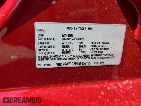 2022 Tesla Model Y Performance with VIN 7SAYGDEF9NF452155, listed as a Copart auction lot 52068895 with 42,072 mi miles and Salvage title. Bid and sale history available at DreamBid. Image 12.
