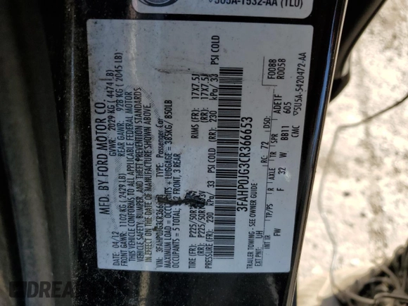 2012 Ford Fusion SEL with VIN 3FAHP0JG3CR366653, listed as a Copart auction lot 53535175 with 105,910 mi miles and Salvage Title. Bid and sale history available at carsss.com. Image 12.
