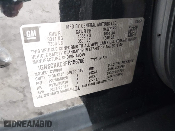 2015 Chevrolet Suburban LTZ with VIN 1GNSCKKC8FR156706, listed as a IAAI auction lot 40638221 with Not Provided miles and . Bid and sale history available at DreamBid. Image 9.