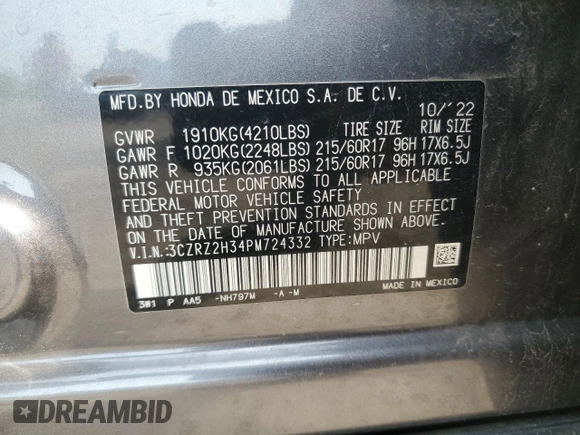 2023 Honda HR-V LX with VIN 3CZRZ2H34PM724332, listed as a Copart auction lot 59351165 with 20,700 mi miles and Salvage title. Bid and sale history available at DreamBid. Image 14.