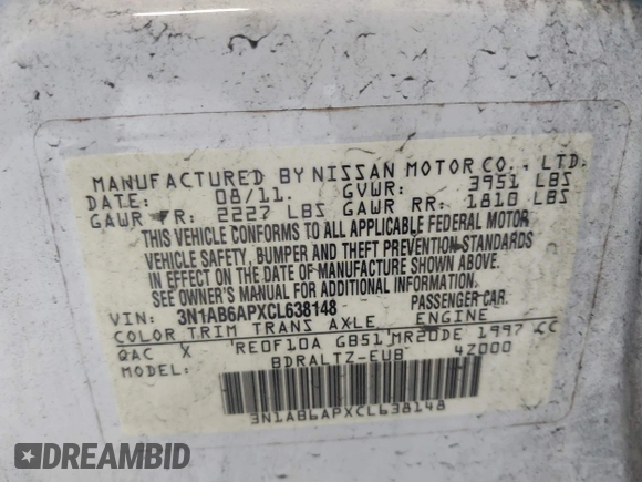 2012 Nissan Sentra SR with VIN 3N1AB6APXCL638148, listed as a IAAI auction lot 42599439 with 156,420 mi miles and . Bid and sale history available at DreamBid. Image 9.