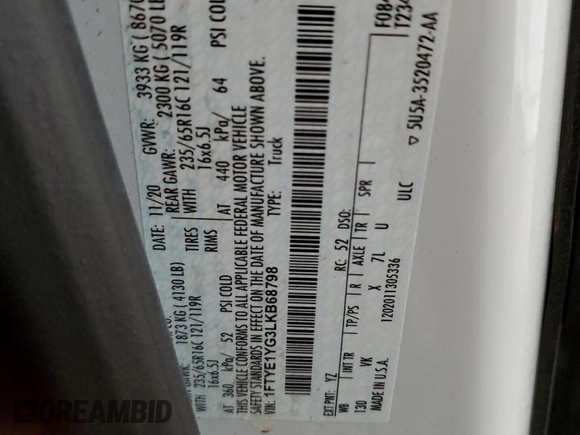 2020 Ford Transit Cargo with VIN 1FTYE1YG3LKB68798, listed as a Copart auction lot 76938994 with 89,844 mi miles and Clean Title. Bid and sale history available at DreamBid. Image 13.