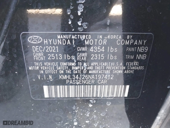 2022 Hyundai Sonata Limited with VIN KMHL34J26NA197412, listed as a IAAI auction lot 41371825 with 65,226 mi miles. Bid and sale history available at carsss.com. Image 9.