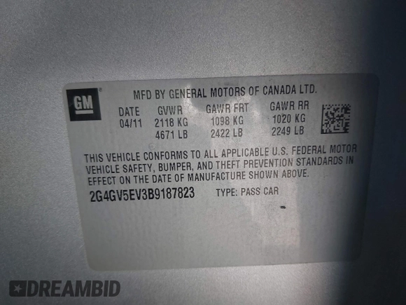 2011 Buick Regal with VIN 2G4GV5EV3B9187823, listed as a IAAI auction lot 42140179 with 89,825 mi miles and . Bid and sale history available at DreamBid. Image 9.