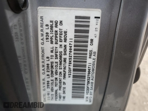 2002 Saab 9-3 SE z VIN YS3DF78K527004711, wystawiony jako Copart lot #88905575 z przebiegiem 139 866 mil mil oraz Czysty tytuł • Clean title. Historia ofert i sprzedaży dostępna na DreamBid. Obrazek 12.