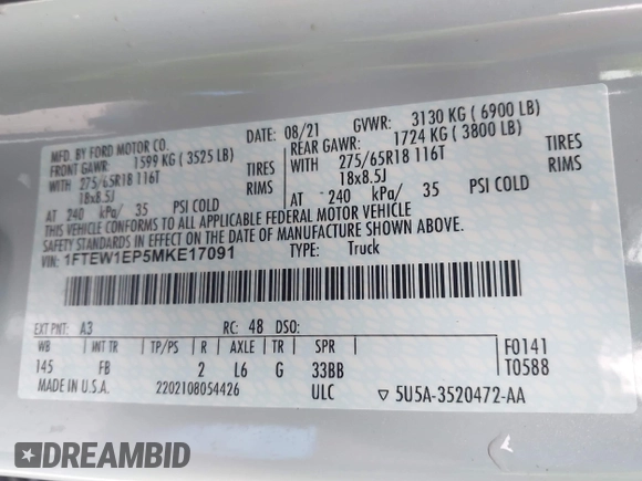 2021 Ford F-150 XL z VIN 1FTEW1EP5MKE17091, wystawiony jako IAAI lot #42413293 z przebiegiem 57 042 mil mil oraz . Historia ofert i sprzedaży dostępna na DreamBid. Obrazek 9.