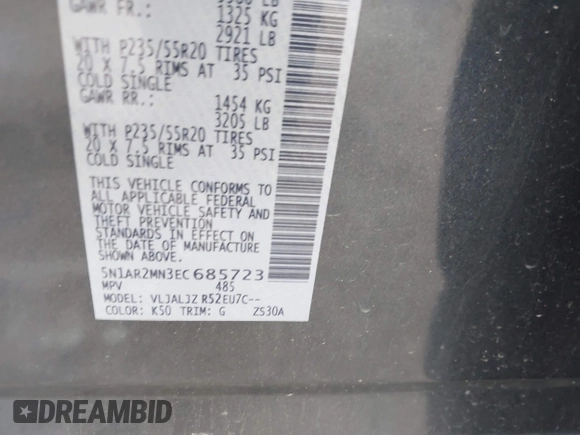2014 Nissan Pathfinder SL with VIN 5N1AR2MN3EC685723, listed as a IAAI auction lot 41910628 with 136,252 mi miles and . Bid and sale history available at DreamBid. Image 9.
