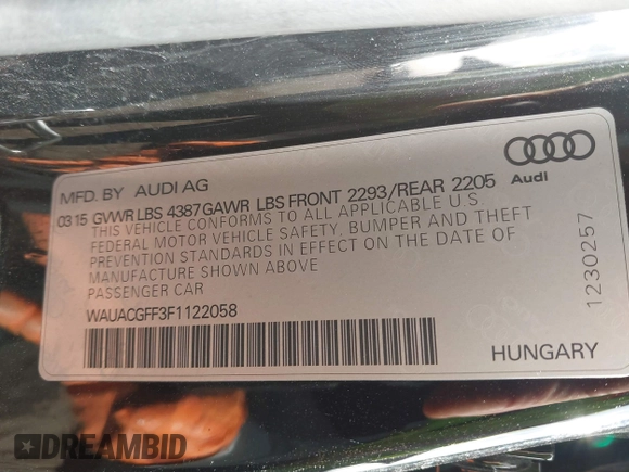 2015 Audi A3 1.8T Premium with VIN WAUACGFF3F1122058, listed as a IAAI auction lot 41689794 with 1 mi miles. Bid and sale history available at carsss.com. Image 9.