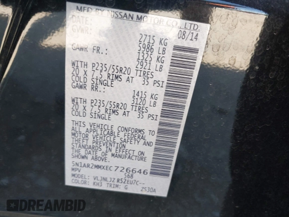 2014 Nissan Pathfinder S with VIN 5N1AR2MMXEC726646, listed as a IAAI auction lot 42729339 with 125,225 mi miles and . Bid and sale history available at DreamBid. Image 9.