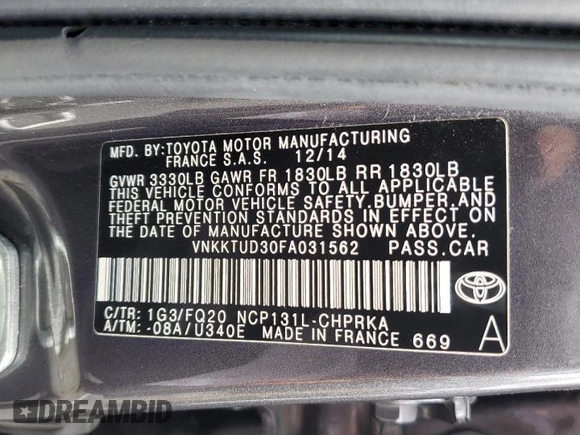 2015 Toyota Yaris L with VIN VNKKTUD30FA031562, listed as a Copart auction lot 48638165 with 84,919 mi miles and Clean Title. Bid and sale history available at DreamBid. Image 12.