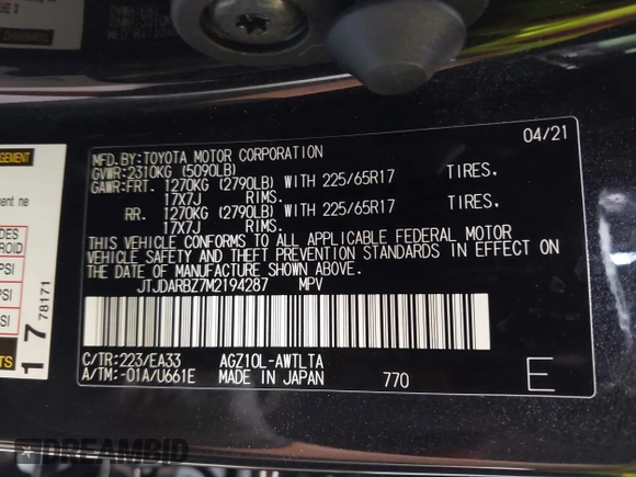2021 Lexus NX 300 with VIN JTJDARBZ7M2194287, listed as a IAAI auction lot 42364179 with 20,072 mi miles and . Bid and sale history available at DreamBid. Image 9.