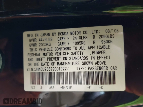 2009 Acura TSX with VIN JH4CU26679C019227, listed as a IAAI auction lot 41966446 with 175,249 mi miles. Bid and sale history available at carsss.com. Image 9.