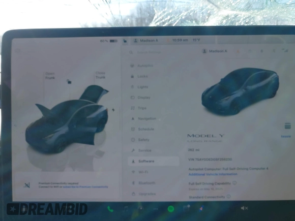 2025 Tesla Model Y Long Range with VIN 7SAYGDED0SF256230, listed as a IAAI auction lot 41356520 with 262 mi miles and . Bid and sale history available at DreamBid. Image 18.